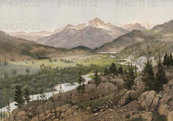 Landscape in Altai, Altaigebrige, Central Asian high mountains in the border region of Kazakhstan, Russia, authentic reproduction of a school mural, historical, around 1900