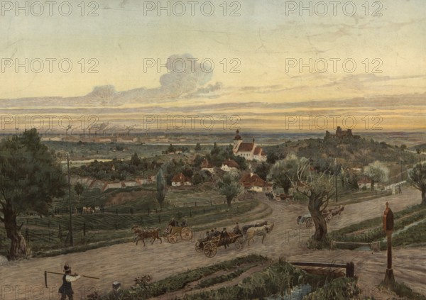 Rural scene in Poland, village and agriculture, authentic reproduction of a school mural, historical, around 1900