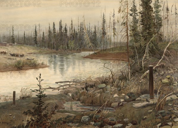 Pechora, landscape and city in the Komi Republic in northern Russia, authentic reproduction of a school mural, historical, around 1900