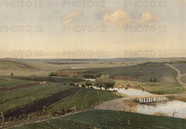Black Earth region, the largest agricultural area in the world, 500 km east of Moscow, Russia, authentic reproduction of a school mural, historic, around 1900