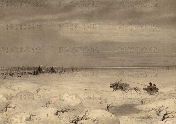 Tundra, cold steppe, northern Siberia, landscape in winter, Russia, authentic reproduction of a school mural, historical, around 1900