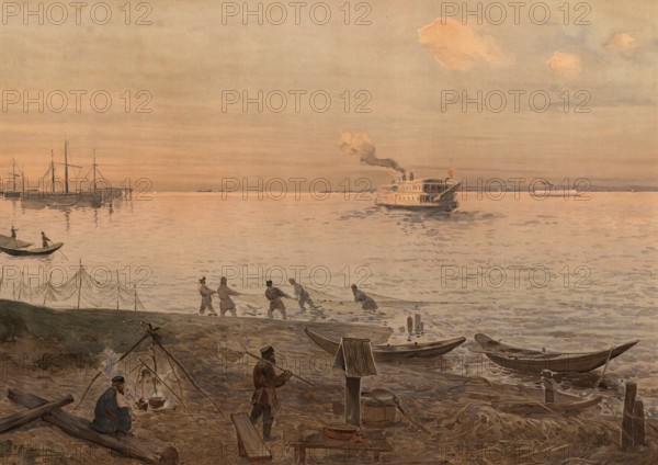 Scene on the Volga with fishermen and fishing boats, evening mood, Russia, authentic reproduction of a school mural, historical, around 1900