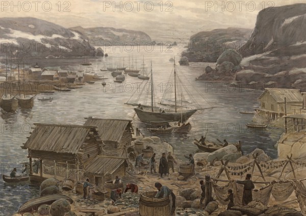 Murman Coast, northern coastal strip of the Kola Peninsula bordering the Barents Sea, near Murmansk, Russia, authentic reproduction of a school mural, historic, around 1900