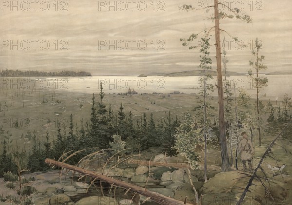 Lake region in Siberia, Russia, authentic reproduction of a school mural, historical, around 1900