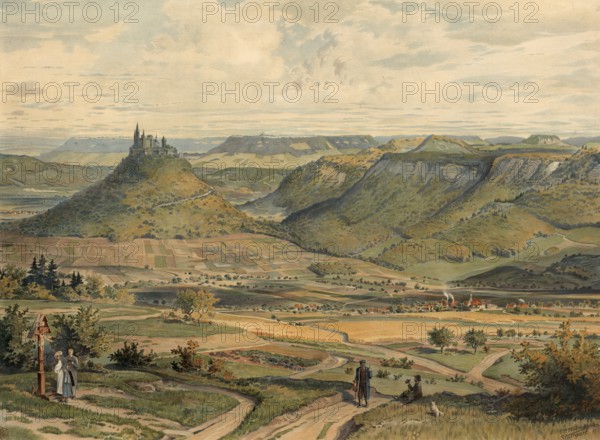 Swabian Jura, formerly also called Swabian Jura or Swabenalb, is a low mountain range in southern Germany, Baden-WÃ¼rttemberg, Germany, authentic reproduction of a school wall painting, historic, around 1900