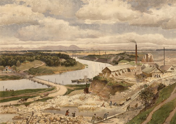 Moscow district, Moskovskaya oblast, the surrounding region, industrial region, oblast, around the city of Moscow, Russia, authentic reproduction of a school mural, historical, around 1900