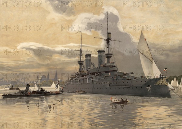 Warship in the port of Kiel, Schleswig-Holstein, Germany, authentic reproduction of a school mural, historical, around 1900