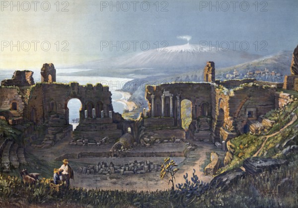 Taormina, Teatro Antico di Taormina, an ancient Greco-Roman theatre, in the background of Mount Etna, Sicily, Italy, authentic reproduction of a school mural, historical, around 1900