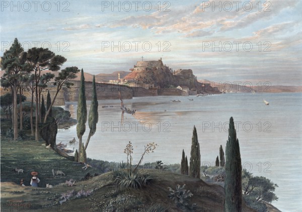 View of the island of Corfu in the Mediterranean Sea, Greece, authentic reproduction of a school mural, historical, around 1900