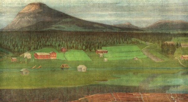 Aavasaksa, a 242 m high mountain in northern Finland. It is located in the municipality of Ylitornio in the province of Lapland, a few kilometers south of the Arctic Circle, authentic reproduction of a school mural, historic, around 1900