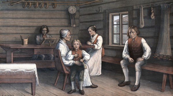 Moment of dedication with praying and reading the Bible, farmhouse, family scene from Finland, around 1900, authentic reproduction of a school mural, historic