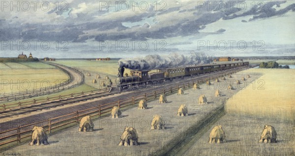 South Ostrobothnia, one of Finland's 19 landscapes. The landscape comprises the southern, Finnish-speaking interior of the historic landscape of Ostrobothnia, railroad and grain harvest, authentic reproduction of a school mural, historic, around 1900