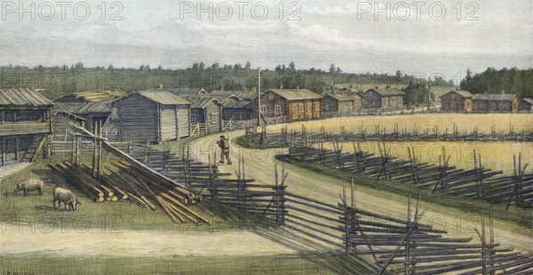 HÃ¤mÃ¤lÃ¤inen kylÃ¤l, village in the historic province of HÃ¤me, which comprises today's Kanta-HÃ¤me, PÃ¤ijÃ¤t-HÃ¤me and parts of other regions, timber industry, sawmill, Finland, authentic reproduction of a school mural, historic, around 1900