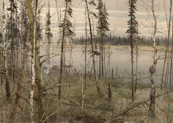 Landscape in the taiga in Siberia, Russia, authentic reproduction of a school mural, historical, around 1900
