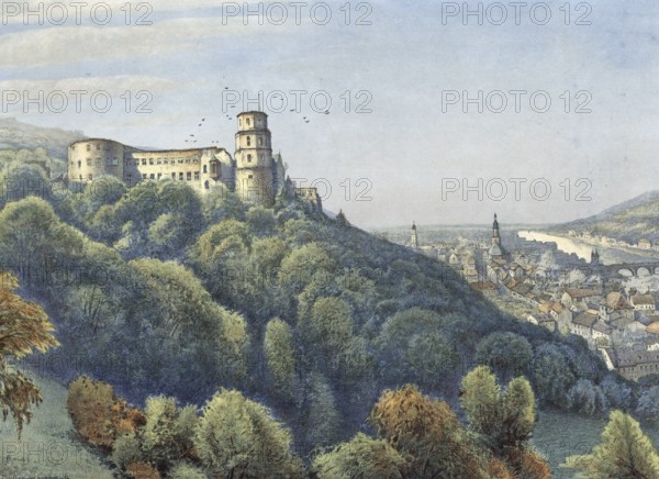 Heidelberg, city on the Neckar, Baden-WÃ¼rttemberg, Germany, authentic reproduction of a school mural, historical, around 1900