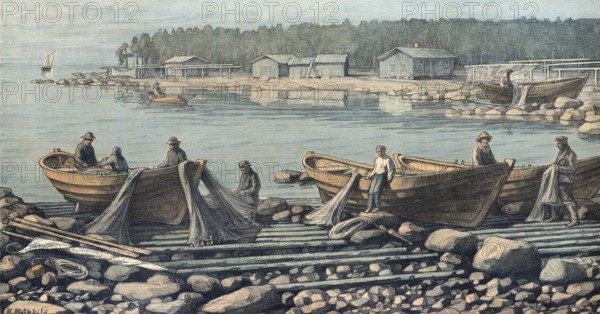 The Uusimaa archipelago, Uudenmaan saaristo, stretches along the coast of the Uusimaa region in southern Finland, fishing boats and fishermen, authentic reproduction of a school mural, historic, around 1900