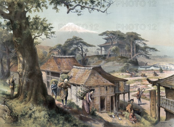Village scene with people in Japan, authentic reproduction of a school mural, historic, around 1900, traditional Japanese village with houses and people surrounded by nature and a mountain in the background