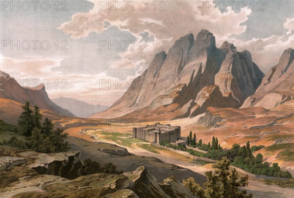 St. Catherine's Monastery and Mount Sinai, Egypt, authentic reproduction of a school mural, historic, around 1900