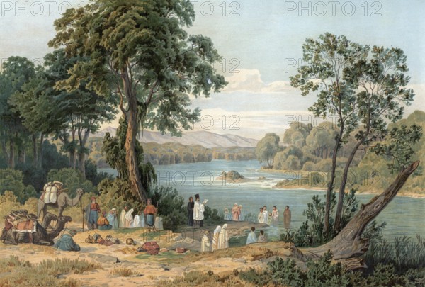 People on the Jordan River, baptism of adults in the river, Middle East, Israel, authentic reproduction of a school mural, historic, around 1900