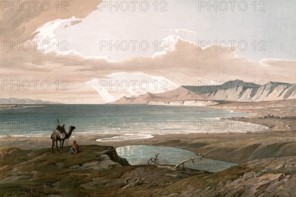The Dead Sea, Israel, Jordan, authentic reproduction of a school mural, historical, around 1900