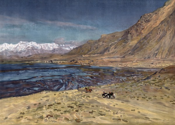 Landscape in the Pamir Mountains, high mountains in Central Asia, which belongs to the intracontinental mountain system of Upper Asia and is partly referred to as the roof of the world, authentic reproduction of a school mural, historical, around 1900