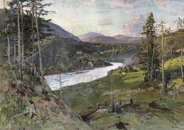 Landscape in Transbaikalia, region east of Lake Baikal, Russia, authentic reproduction of a school mural, historical, around 1900