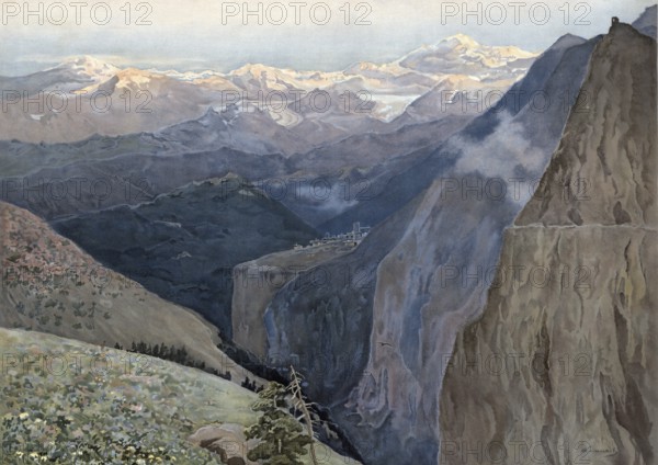 Landscape in the Caucasus, high mountains in Eurasia between the Black and Caspian Seas, authentic reproduction of a school mural, historical, around 1900