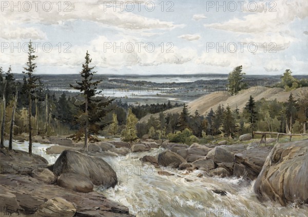 Typical landscape in Finland on the river Tana, authentic reproduction of a school mural, historical, around 1900