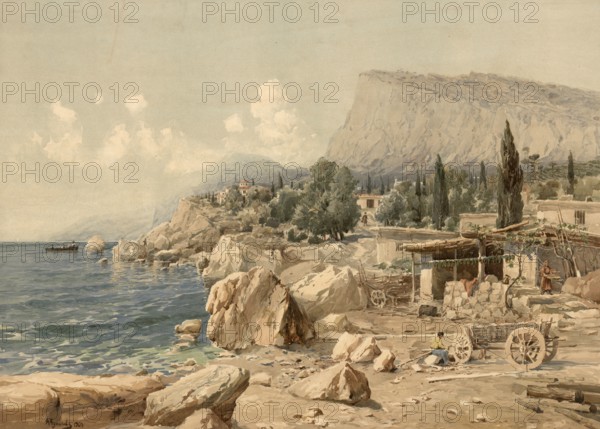 Black Sea coast, Crimean peninsula, Russia, authentic reproduction of a school mural, historical, around 1900, Mediterranean coast with rocks, small huts and a picturesque mountain in the background