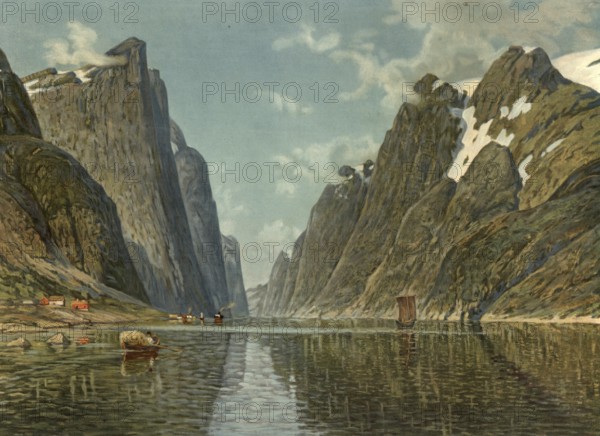 Fjord in Norway, authentic reproduction of a school mural, historic, around 1900, a dramatic fjord with high cliffs and snow-covered peaks under a blue sky