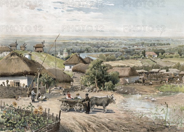 Little Russia, today north of Ukraine, village scene with farmers, authentic reproduction of a school mural, historic, around 1900