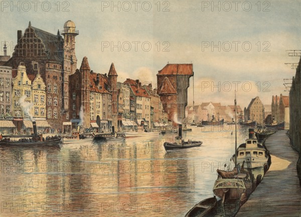 LangebrÃ¼cke, am Kranen, Danzig, Gdansk, today Poland, authentic reproduction of a school mural, historic, around 1900, historic harbor view with old buildings and shipping on a quiet river