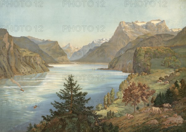 Lake Lucerne, Switzerland, authentic reproduction of a school mural, historic, around 1900, a peaceful mountain lake with surrounding alpine landscapes and occasional boats on the water