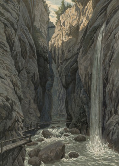 Partnachklamm, a 700 meter long gorge cut in part by the Partnach torrent over 80 meters deep in Reintal near Garmisch-Partenkirchen, Bavaria, Germany, authentic reproduction of a school wall painting, historic, around 1900