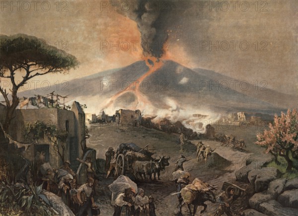 1878 eruption of Vesuvius near Naples, Campania, Italy, authentic reproduction of a school mural, historic, around 1900, volcanic eruption with flowing lava, smoke, fleeing villagers and a dramatic evening atmosphere