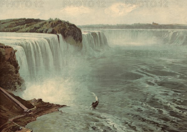 Niagara Falls, waterfalls of the Niagara River on the border between the US state of New York and the Canadian province of Ontario, America, Canada, authentic reproduction of a school mural, historic, around 1900, powerful waterfall with dramatic rapids and a small boat in the turbulent river