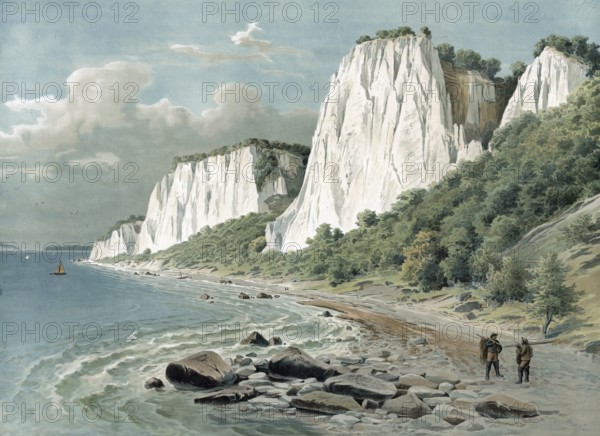 Stubbenkammer, chalk cliffs on RÃ¼gen, Baltic Sea, Mecklenburg-Western Pomerania, Germany, authentic reproduction of a school mural, historic, around 1900, chalk cliffs on the coast with calm sea, sailboat and wooded cliffs under a cloudy sky