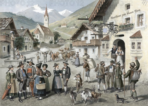 Village in Tyrol with folk types, farmers wearing traditional costume on Sunday in a small church village, Austria, authentic reproduction of a school mural, historic, around 1900, old village scene in the Alps with people in costume, cattle and inn in front of a picturesque mountain backdrop