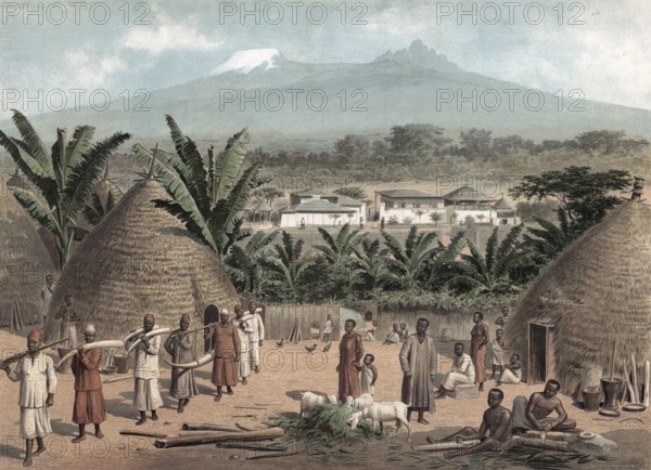 Landscape near Moshi on Kilimanjaro, ivory trade, elephant tusks, German East Africa, Tanzania, authentic reproduction of a school mural, historic, around 1900, village life against a mountain backdrop with grass-covered huts, people in traditional clothing, banana plants and pets