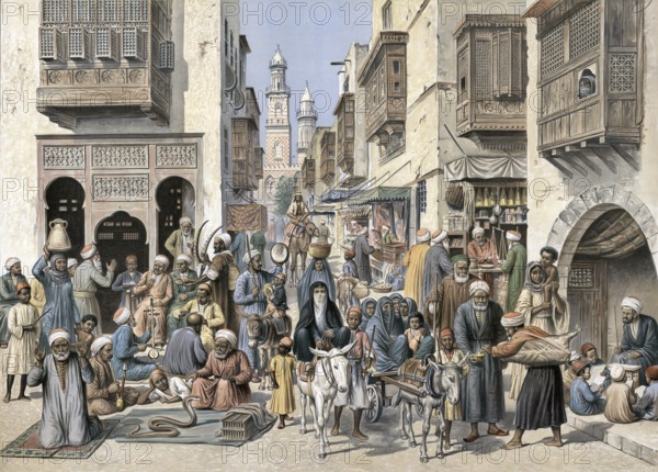 Street life with traders and artisans in Cairo, Egypt, authentic reproduction of a school mural, historic, around 1900