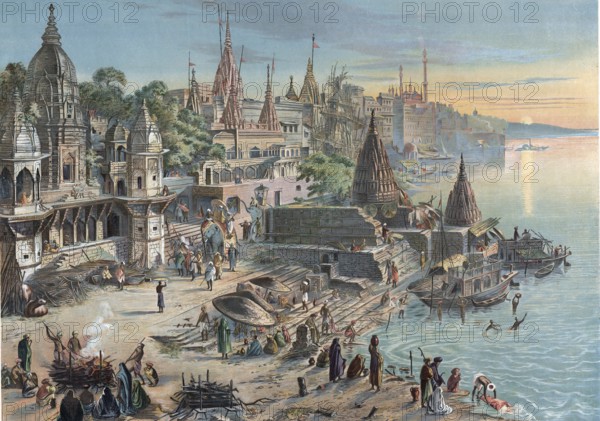 Ghats in Varanasi, formerly Benares, Ganges, India, authentic reproduction of a school mural, historic, around 1900