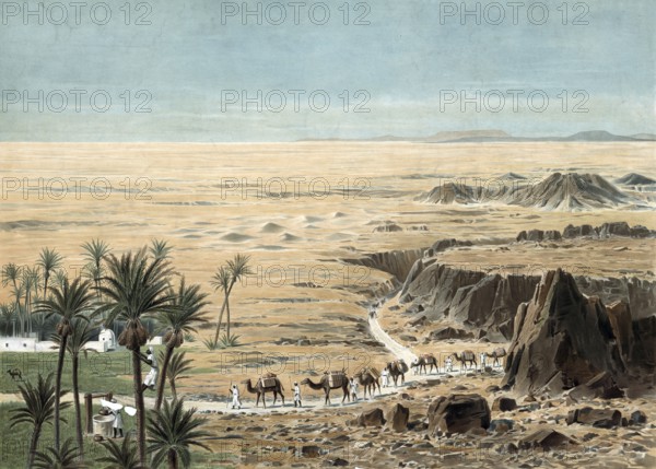 In the Sahara desert, camel caravan, Libya, authentic reproduction of a school mural, historic, around 1900