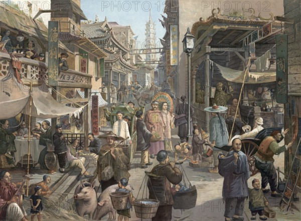 Street life with traders and artisans in a Chinese city, Canton, China, authentic reproduction of a school mural, historic, around 1900