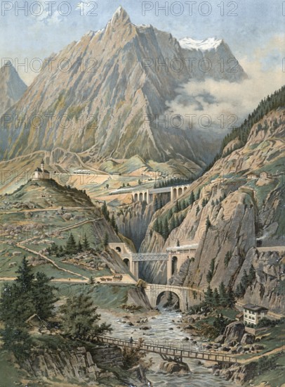 The Gotthard Railway near Wassen, Alps, Switzerland, authentic reproduction of a school mural, historic, around 1900, dramatic mountain landscape with river and several bridges