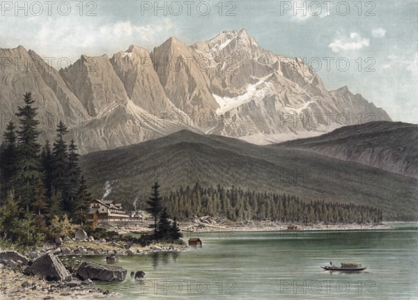 Zugspitze mountain with Eibsee lake, Alps, Bavaria, Germany, authentic reproduction of a school mural, historic, around 1900, mountain lake with calm water surrounded by forests and mountains