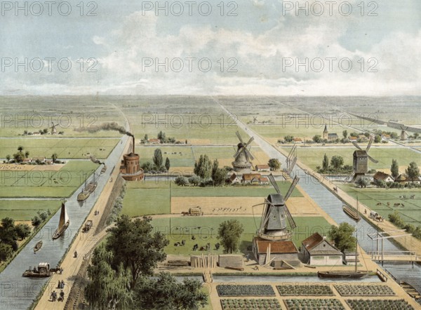 Marsh landscape with canals, windmills and fields in Holland, authentic reproduction of a school mural, historic, around 1900, wide landscape with windmills, fields and canals under a wide sky