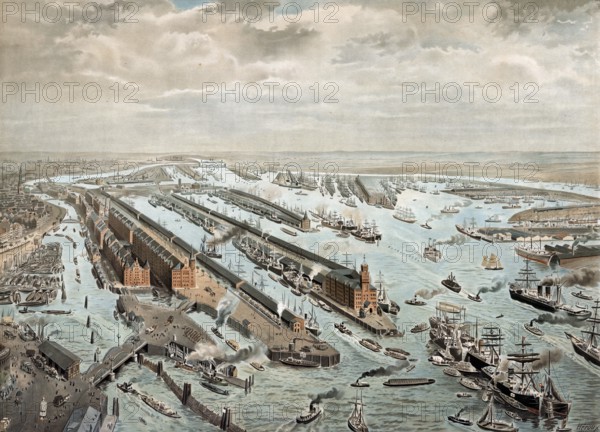 Port in Hamburg, Hamburger Hafen overview, North Sea, Germany, authentic reproduction of a school mural, historic, around 1900, busy harbor with many ships and extensive port facilities