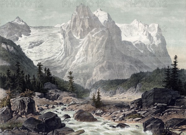 Wellhorn, mountain in the Bernese Alps and Wetterhorn, Bernese Oberland, Switzerland, authentic reproduction of a school mural, historic, around 1900, idyllic mountain landscape with glacier, river and rocks