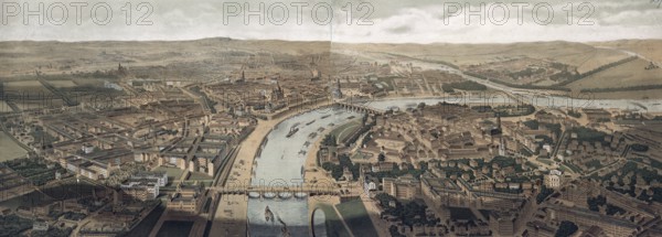 Elbe and Dresden panorama, Saxony, Germany, authentic reproduction of a school mural, historic, around 1900, historic city view with river and bridges, surrounded by rolling hills
