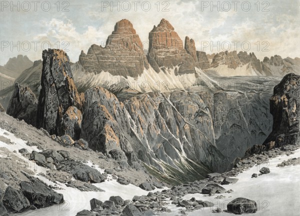 The Three Peaks, mountain group of the Dolomites, South Tyrol, Italy, authentic reproduction of a school mural, historic, around 1900, imposing Dolomite peaks surrounded by rough, rocky terrain